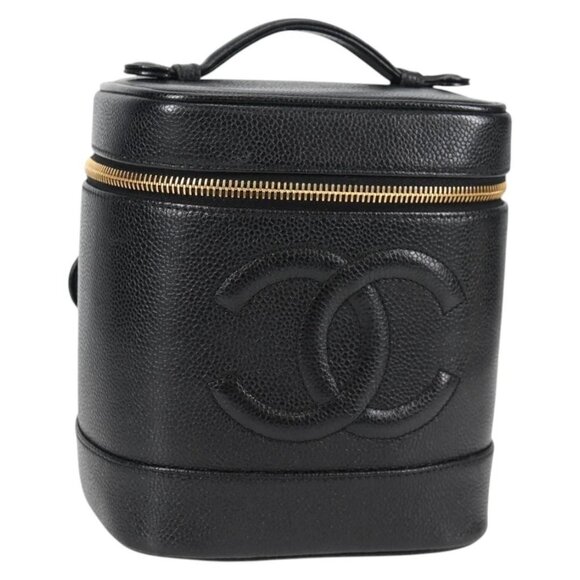 CHANEL COCO Mark Vanity Pouch Grained Calf Skin Black Gold CC Auth 138562A - Picture 1 of 16